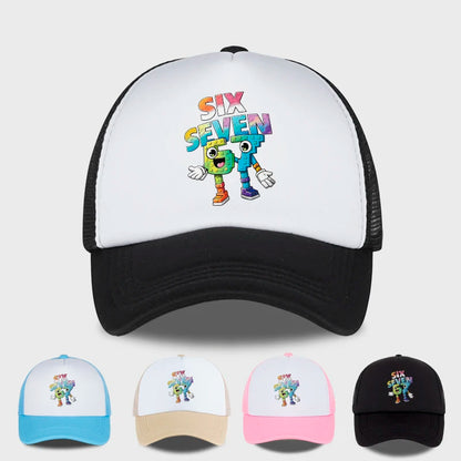 Six Seven Cartoon Number Print Sponge Mesh Cap – Unisex Colorful Building Block Mesh Baseball Cap – Adjustable, Breathable Sun H