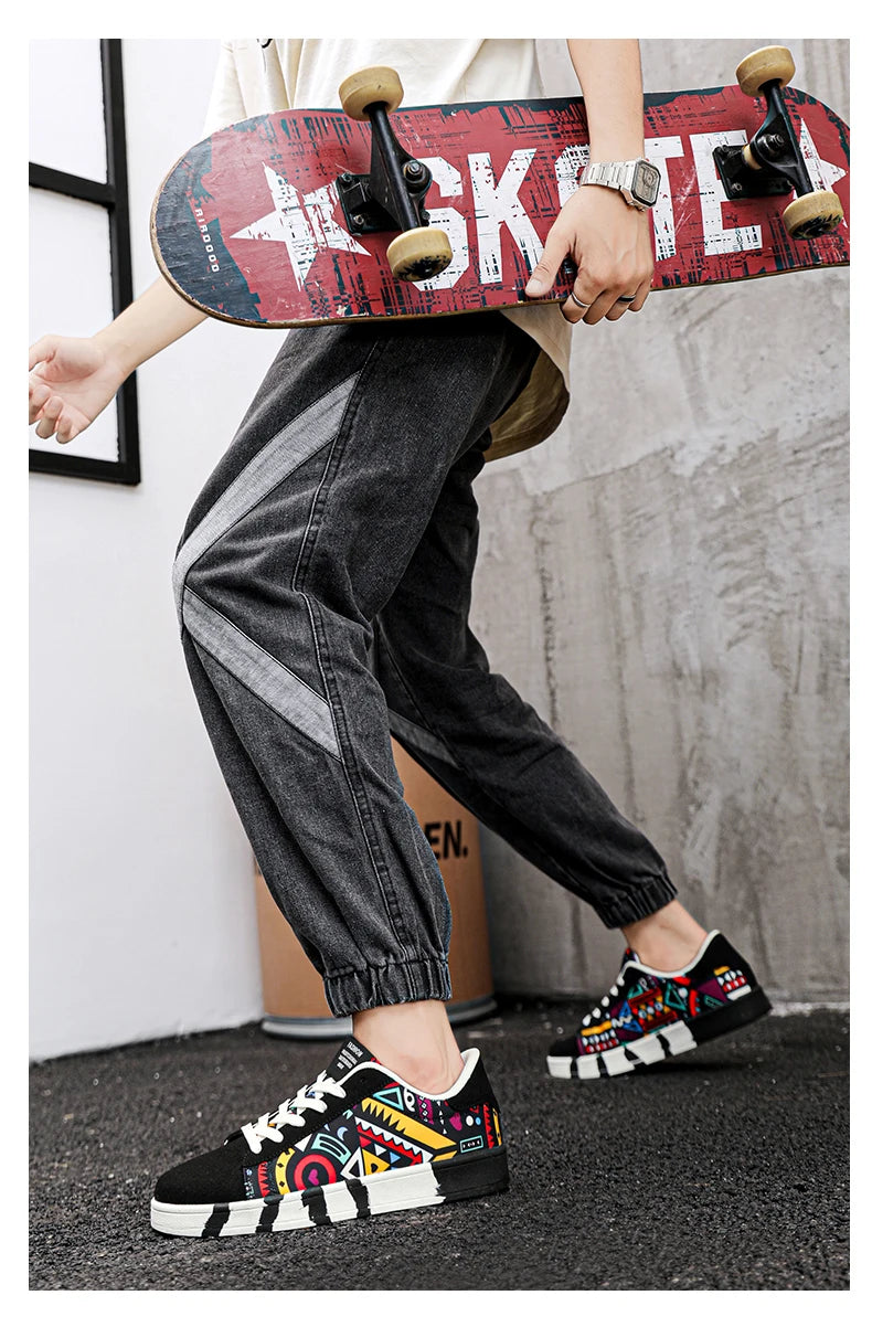 YRZL Scarpe sportive da running da uomo in tela con stile geometrico, sneakers stringate, scarpe da skate da uomo alla moda per coppie con stampa graffiti