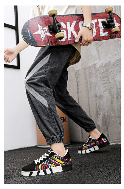 YRZL Scarpe sportive da running da uomo in tela con stile geometrico, sneakers stringate, scarpe da skate da uomo alla moda per coppie con stampa graffiti