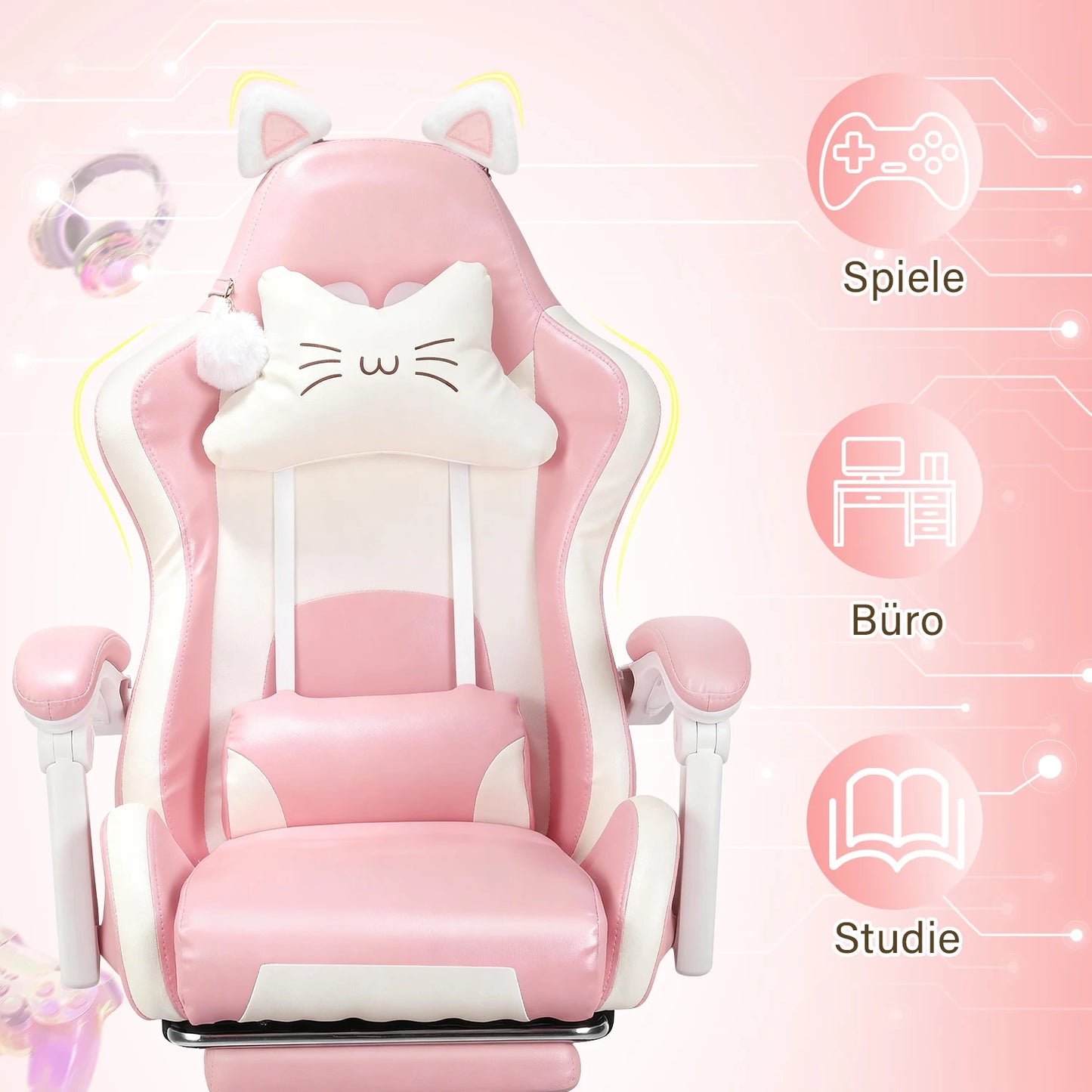 Cat Ear Gaming Chair with Footrest, Ergonomic Computer Gaming Chair with Lumbar Support, Adjustable Height 360° Swivel Racing Chair