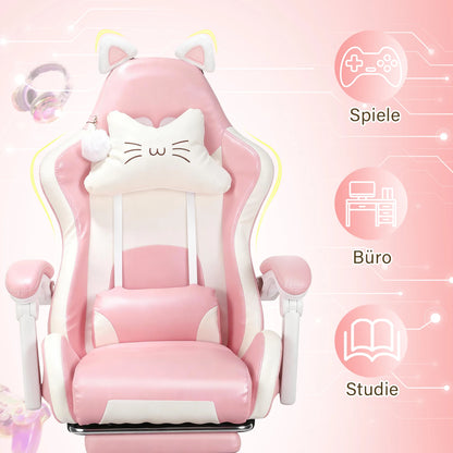 Cat Ear Gaming Chair with Footrest, Ergonomic Computer Gaming Chair with Lumbar Support, Adjustable Height 360° Swivel Racing Chair