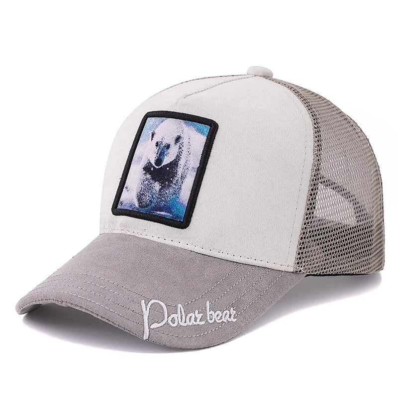 Gorra de malla unisex con parche con diseño de león, de ante, para mujer y hombre, gorra de béisbol de verano con motivos animales, gorra de camionero de moda