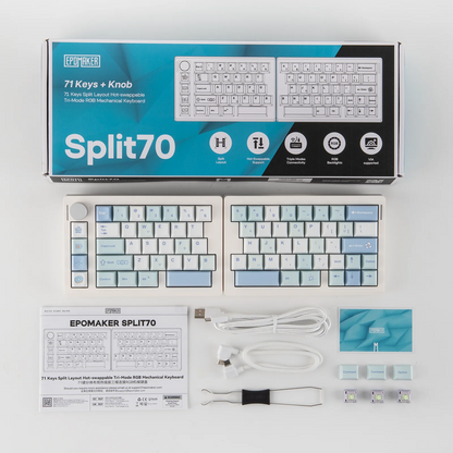 EPOMAKER Split70 QMK/VIA 70% Split Layout Wired/BT/2.4Ghz Wireless Mechanical Keyboard with Programmable Knob Mac Modifier