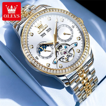 OLEVS 7016 Automatic Man Watch Stainless Steel Diamond Bezel Skeleton Flywheel Moon Phase Luminous Waterproof Mechanical Watches