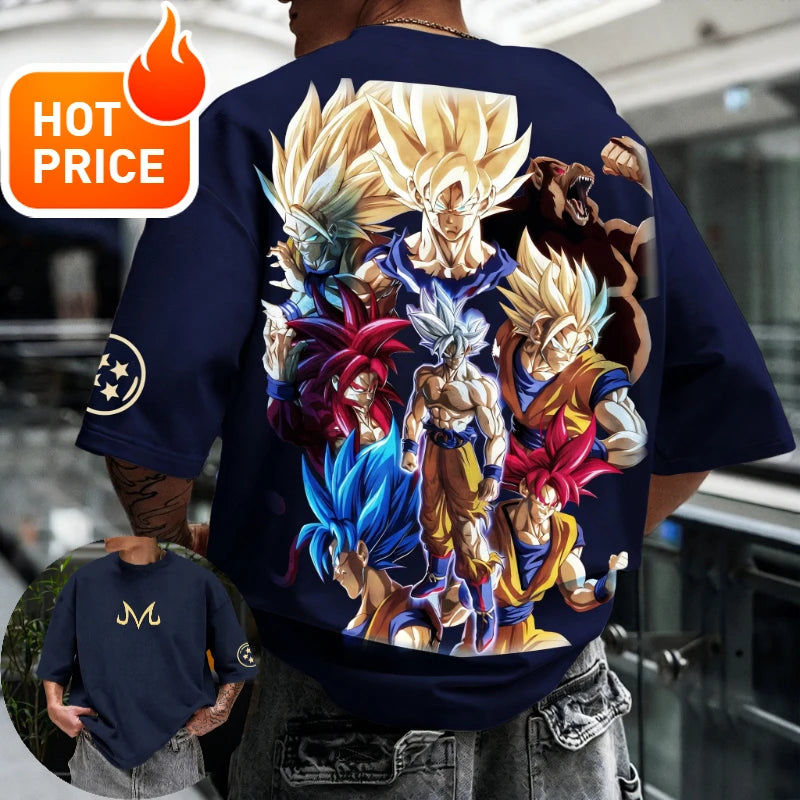 Лятна тениска Dragon Ball 2026, 100% памук, щампа Goku във всички форми, oversized, за фитнес и streetwear, унисекс ретро тениска за възрастни и деца