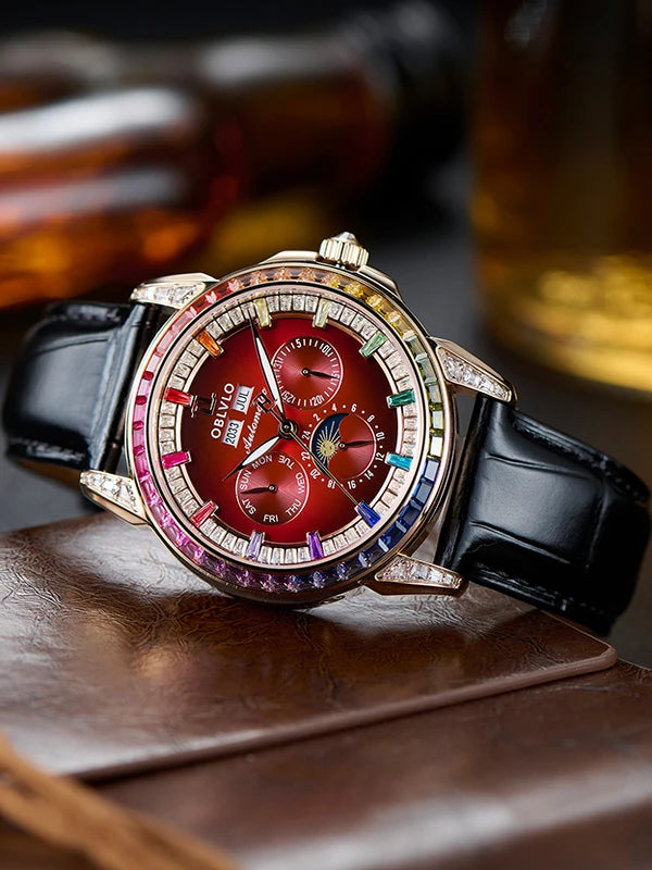 OBLVLO Men's Automatic Watch 40mm Mechanical Wristwatch 5ATM Luminous Crystal Bezel Year, Month, Week, Date, 24 Hours TY1655 Movement