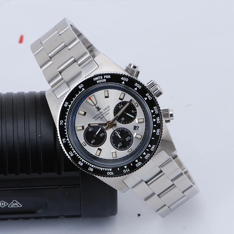 Relógio cronógrafo masculino Tactical Frog de 41mm, movimento Solar Quartz VS75, resistente à água, safira, luminosidade verde C3, relógio de pulso de quartzo