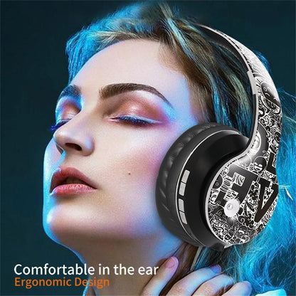 Wireless Bluetooth 5.0 Headphones Over Ear Headest Graffiti Design Foldable Headphone with Mic Hi-Fi Stereo For phone pc laptop