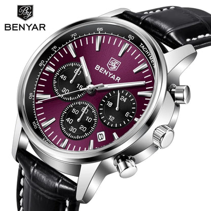 Montre de luxe pour homme Benyar – Chronographe avec date, bracelet en cuir, étanche, luminescente, style sportif et militaire, montre à quartz
