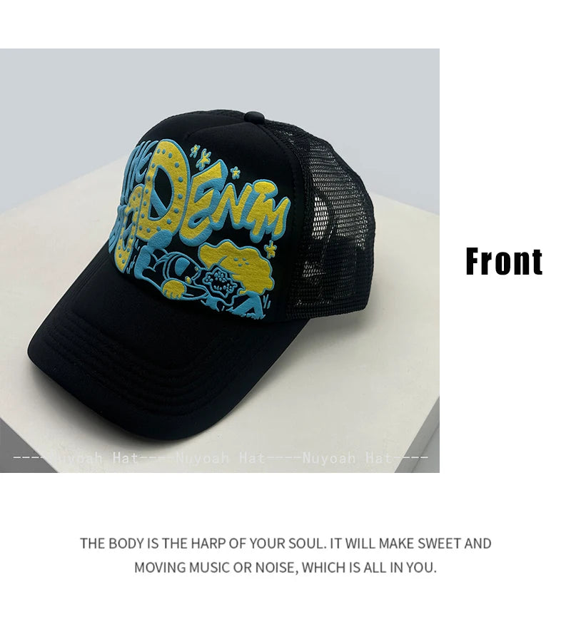 Casquettes de baseball unisexes originales imprimées en 3D avec lettres, casquettes de camionneur respirantes à motifs colorés et à visière pare-soleil, en maille polyvalente
