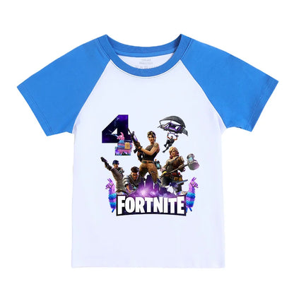 T-shirt infantil Fortnite Números 0-9, estampado cartoon de jogo, algodão puro, manga curta, top desportivo casual para menino e menina, presente de vestuário