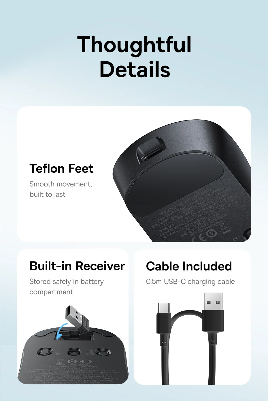 Baseus EM2 Ergonomic Wireless Mouse Bluetooth 5.3 Rechargeable Silent Mouse, Ultra-Light Bluetooth & 2.4G Wireless Mouse with Customizable Buttons, 4000 DPI Type-C Charging