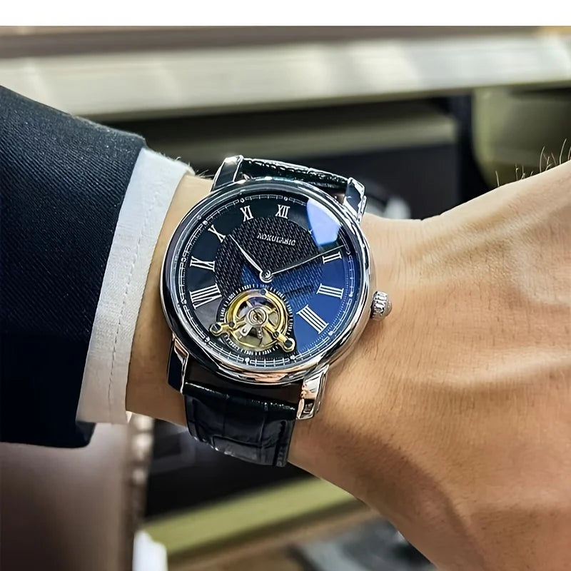 Relógio mecânico automático para homem – Design elegante com aberturas, estilo «business casual» na moda, caixa em liga e bracelete em pele, sem pilha