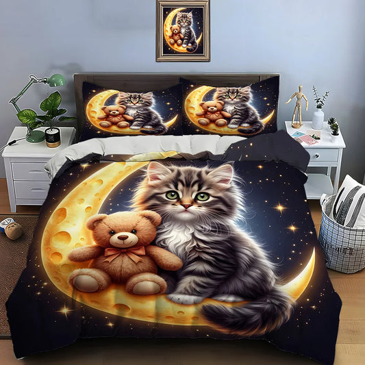 Cute Cat and Teddy on Moon Pattern Duvet Cover Set Digital Print Colorful Polyester Bedding with Zipper Closur for kids gifts