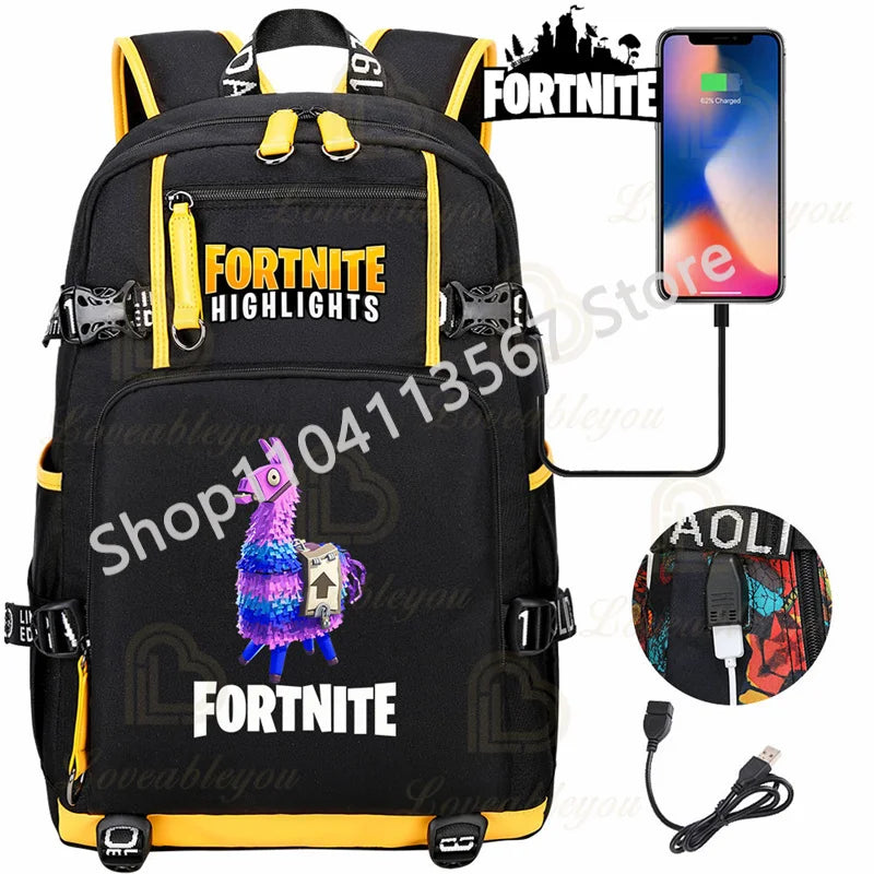 Red Jade F-Fortnited Battle Royale Backpack with USB Charging Anime Figures Study Stationery Compartment for Students Mochila