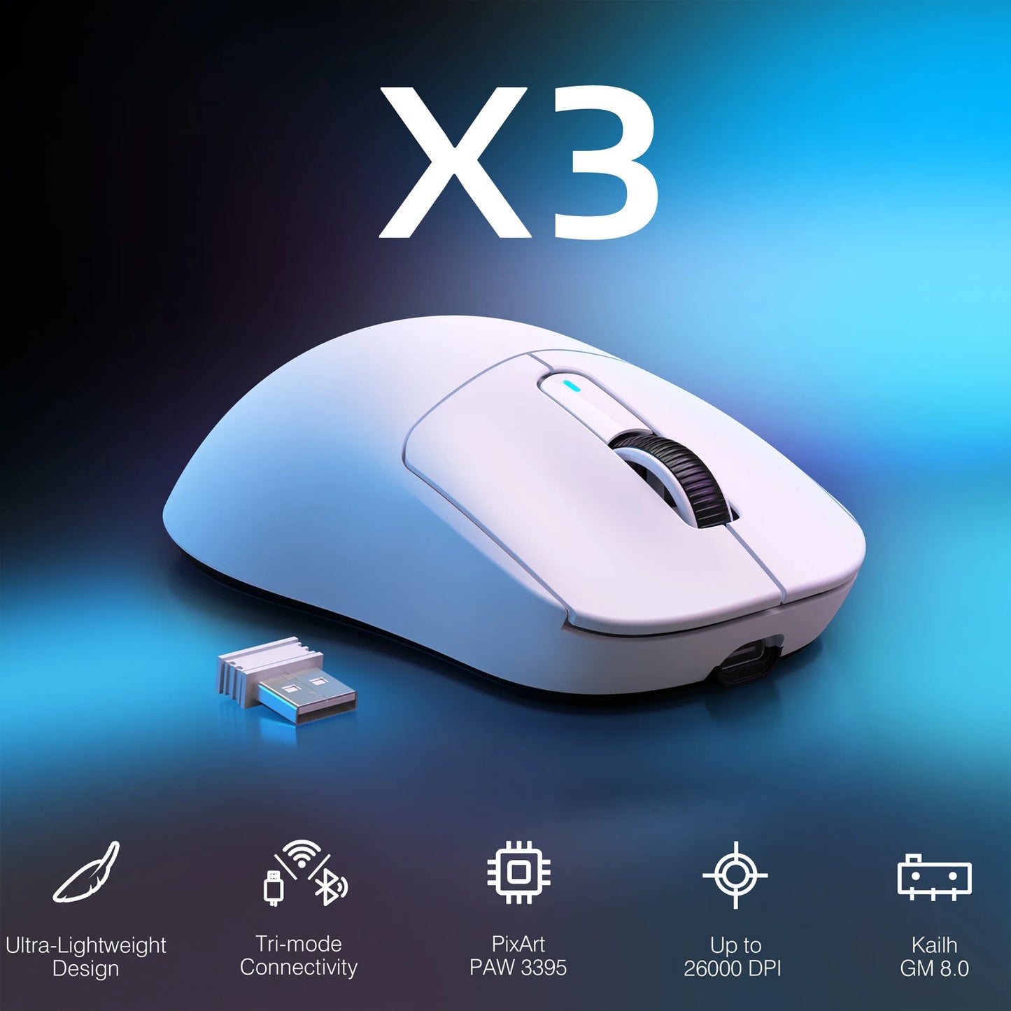 ATTACK SHARK X3 trådlös gamingmus, 49g ergonomisk PC-mus, trippellägen, PAW3395 26K DPI optisk sensor, programmerbara knappar
