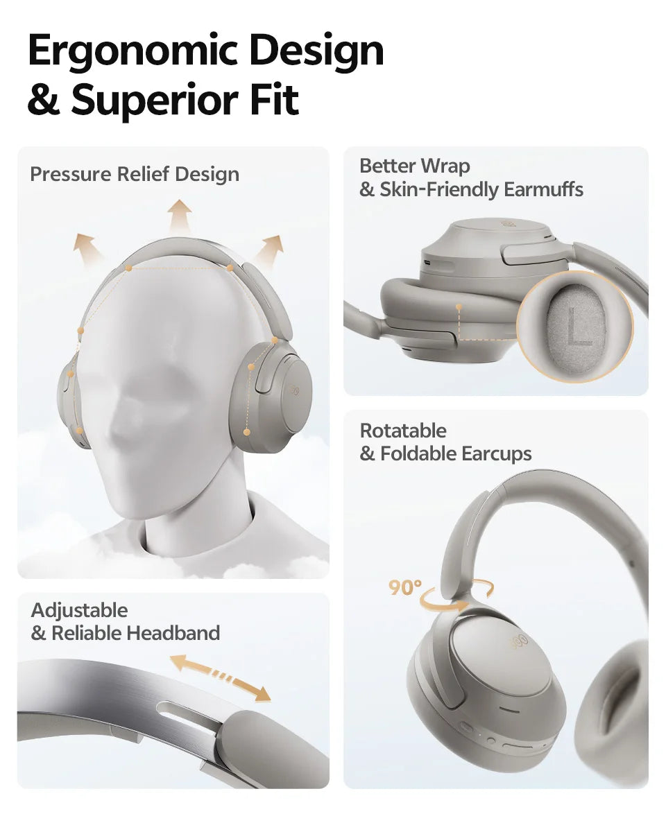 Casque sans fil Bluetooth 6.0 QCY BH25H3SA avec audio spatial 3D, réduction de bruit active adaptative -56 dB, haut-parleur de 53 mm, casque pliable supra-auriculaire