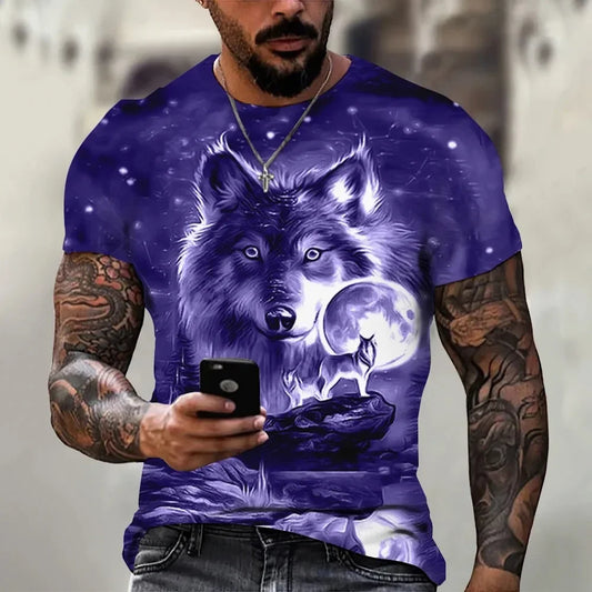 New Fashion Men's Wolf Roar Graphic T Shirt Summer Casual Round Neck T-shirt Trend Street Man Clothes Daily Loose Tops