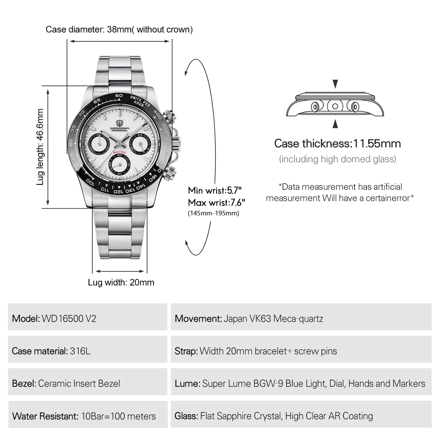 Watchdives WD16500 V2 Men Watch VK63 Quartz Movement Chronograph Wristwatch Stainless Steel Sapphire Crystal Luminous Watches