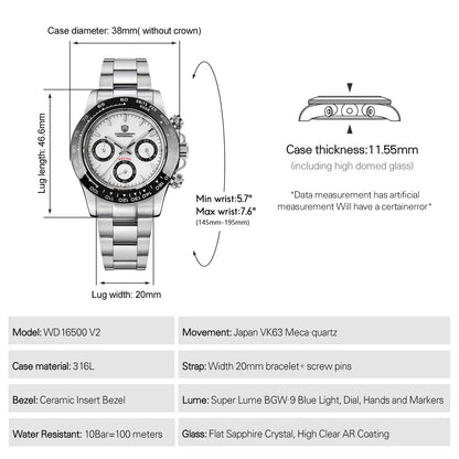 Watchdives WD16500 V2 Men Watch VK63 Quartz Movement Chronograph Wristwatch Stainless Steel Sapphire Crystal Luminous Watches