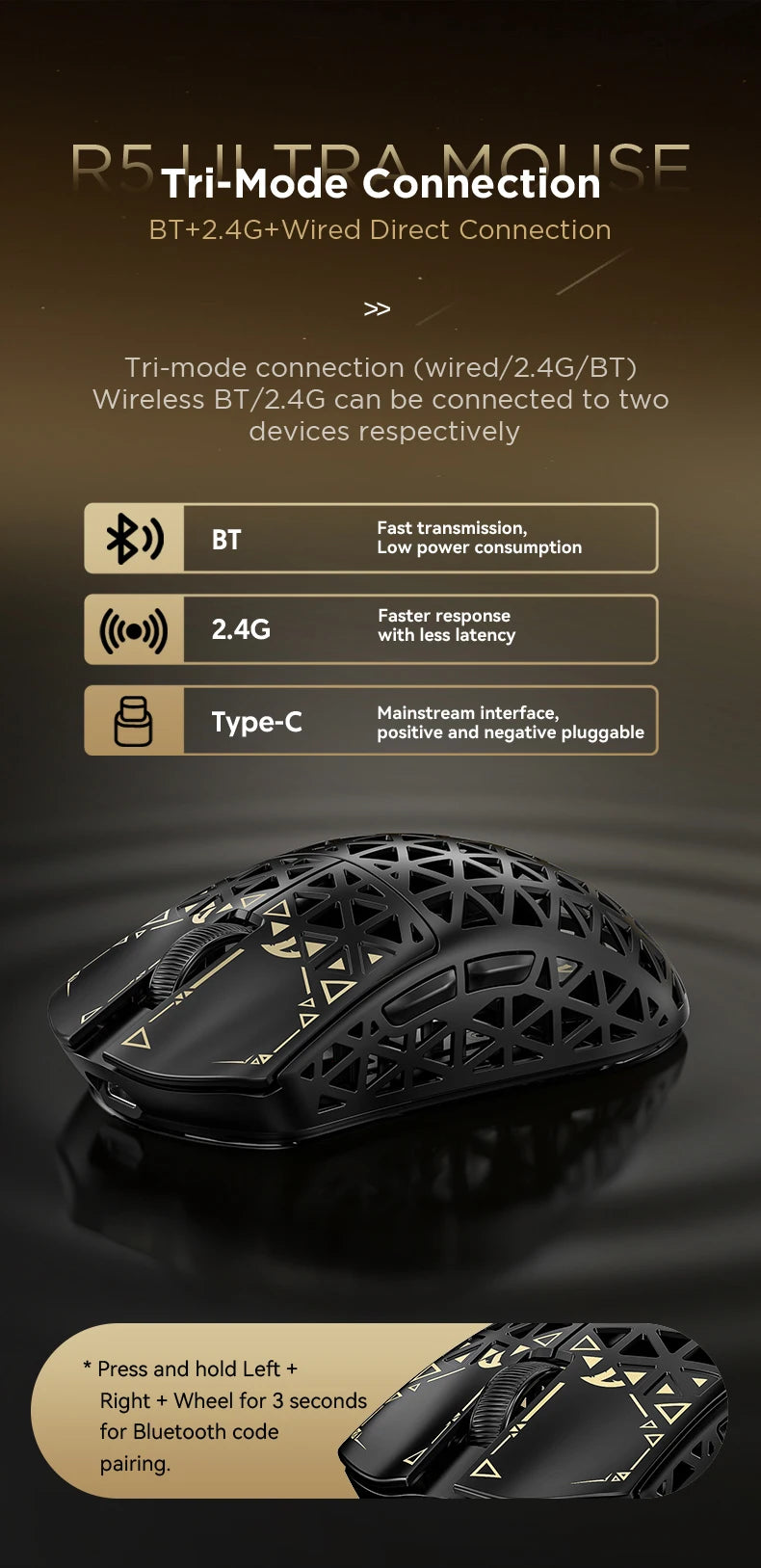 ATTACK SHARK R5 Ultra Carbon Fiber brezžična gaming miška, gaming senzor PixArt PAW3950MAX, 42000DPI, 8000Hz, MCU Nordic 52840