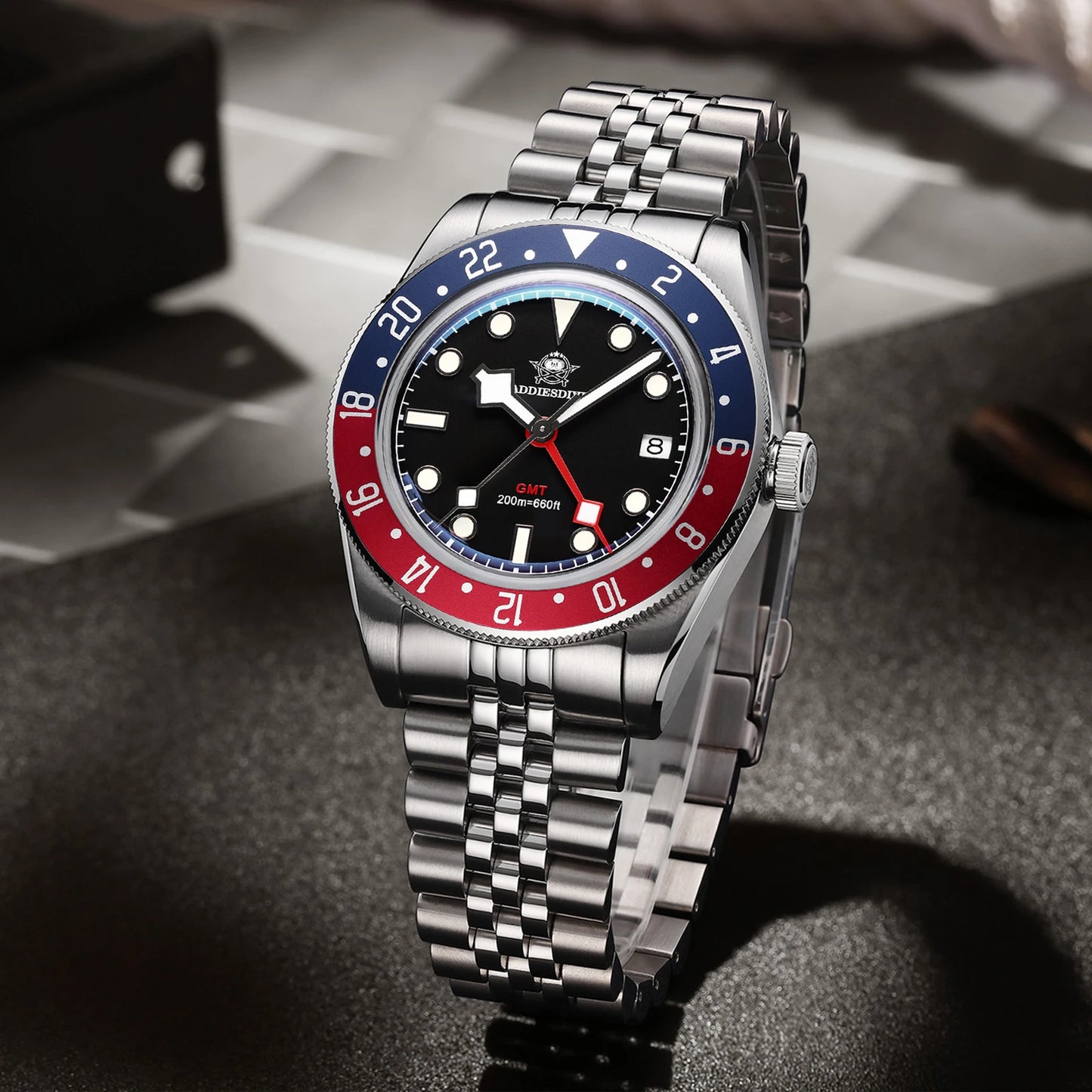ADDIESDIVE GMT Quartz Watches Bubble Mirror Glass AD2044 Men's Sport Diver Watch 20Bar Waterproof Super Luminous Man WristWatch