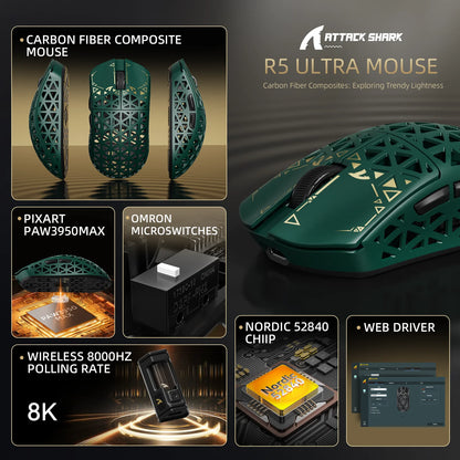 ATTACK SHARK R5 Ultra Carbon Fiber brezžična gaming miška, gaming senzor PixArt PAW3950MAX, 42000DPI, 8000Hz, MCU Nordic 52840