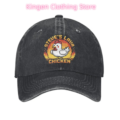 Cappellino da baseball unisex "Chicken Jockey Lava Chicken Print Steves Hat" in stile vintage, lavato e consumato, regolabile