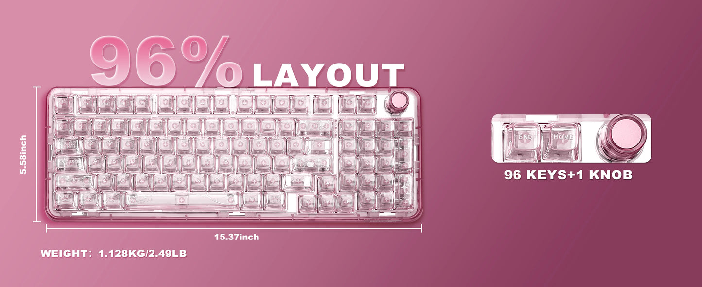 YUNZII X98 Pink QMK/VIA Wireless Transparent RGB Keyboard, Hot-Swap Gasket Mechanical Gaming Keyboard, Pre-lubed Knob Keyboard