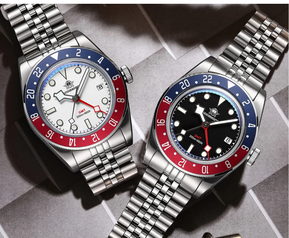 Montre de plongée pour homme ADDIESDIVE GMT515-24H – Étanchéité 200 m, verre bombé, revêtement luminescent BGW9, boîtier en acier inoxydable, affichage analogique
