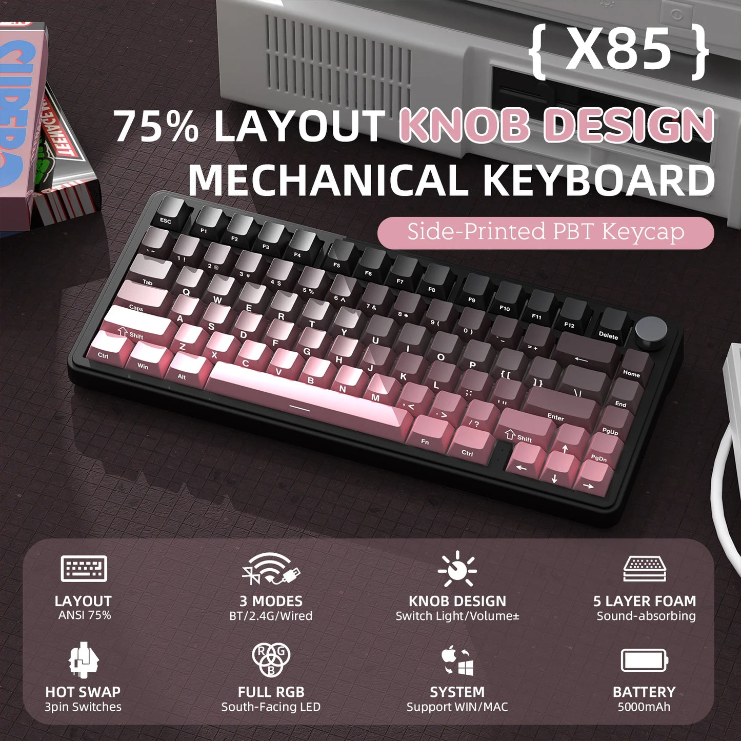 Teclado mecánico ATTACK SHARK X85 Tri-mode Gasket 75% con perilla CNC, acolchado de 5 capas, hot-swappable, retroiluminación RGB y NKRO
