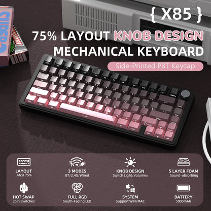 Teclado mecánico ATTACK SHARK X85 Tri-mode Gasket 75% con perilla CNC, acolchado de 5 capas, hot-swappable, retroiluminación RGB y NKRO