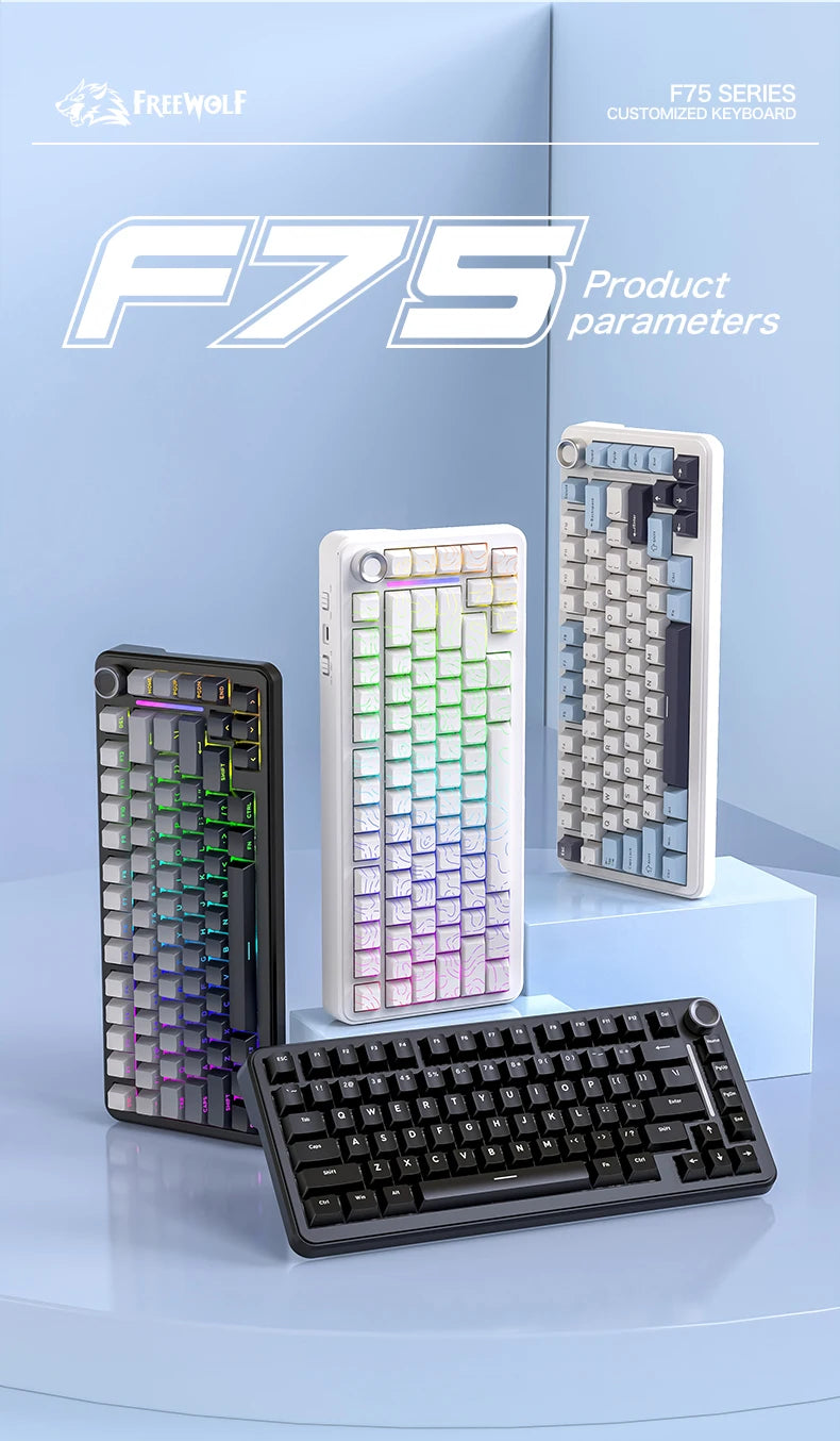 Teclado mecánico F75 FREEWOLF * AULA F75 Bluetooth trimodo, diseñado para gaming y uso de oficina