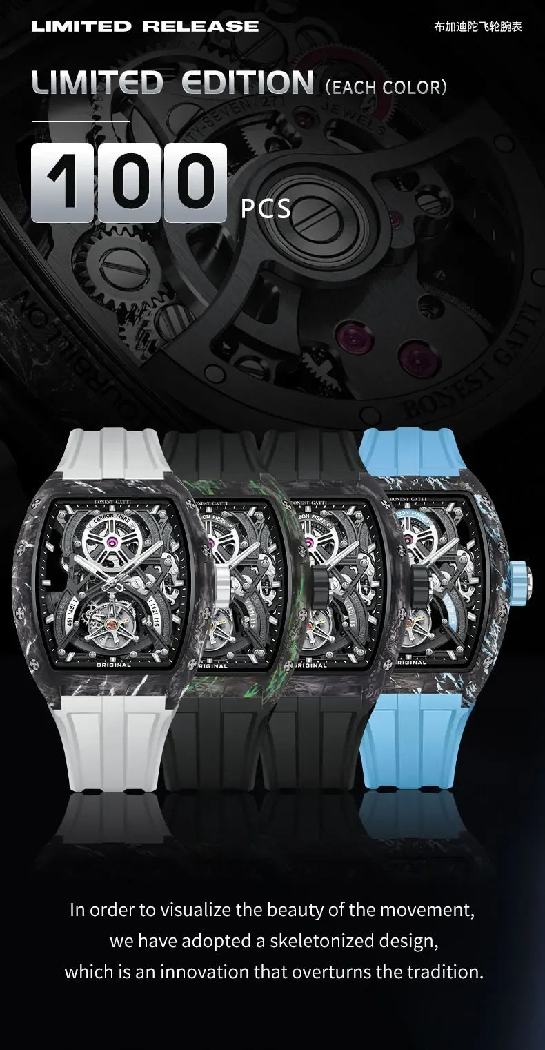 BONEST GATTI Men Automatic Mechanical Watch Skeleton Dial Sapphire Crystal Fluororubber Strap Waterproof Luminous Business watch