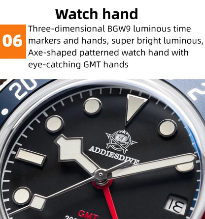 ADDIESDIVE GMT Quartz Watches Bubble Mirror Glass AD2044 Men's Sport Diver Watch 20Bar Waterproof Super Luminous Man WristWatch