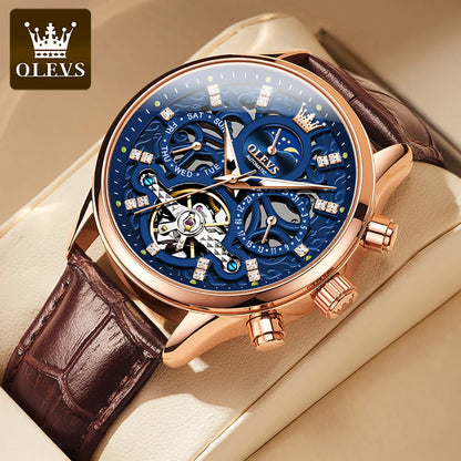 OLEVS 6658 Automatic Mechanical Watch for Man Leather Strap Waterproof Moon Phase Business Dress Men's Watches