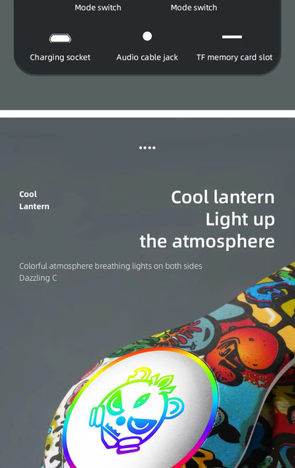 Auscultadores Gaming Bluetooth Sem Fios New Graffiti LX-8686 com Microfone, Iluminação LED, Suporte para Cartão TF, Graves Profundos e Design Over-Ear para PC, Gaming e Crianças