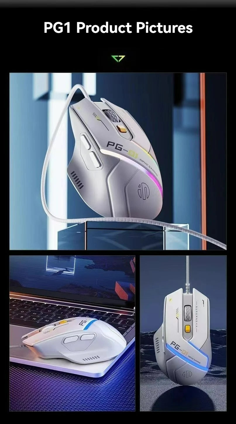 Ratón gaming con cable Inphic Pg1, iluminación RGB, programación de macros, 12800DPI, 6 botones, ratón para ordenador, tasa de sondeo de 1000hz