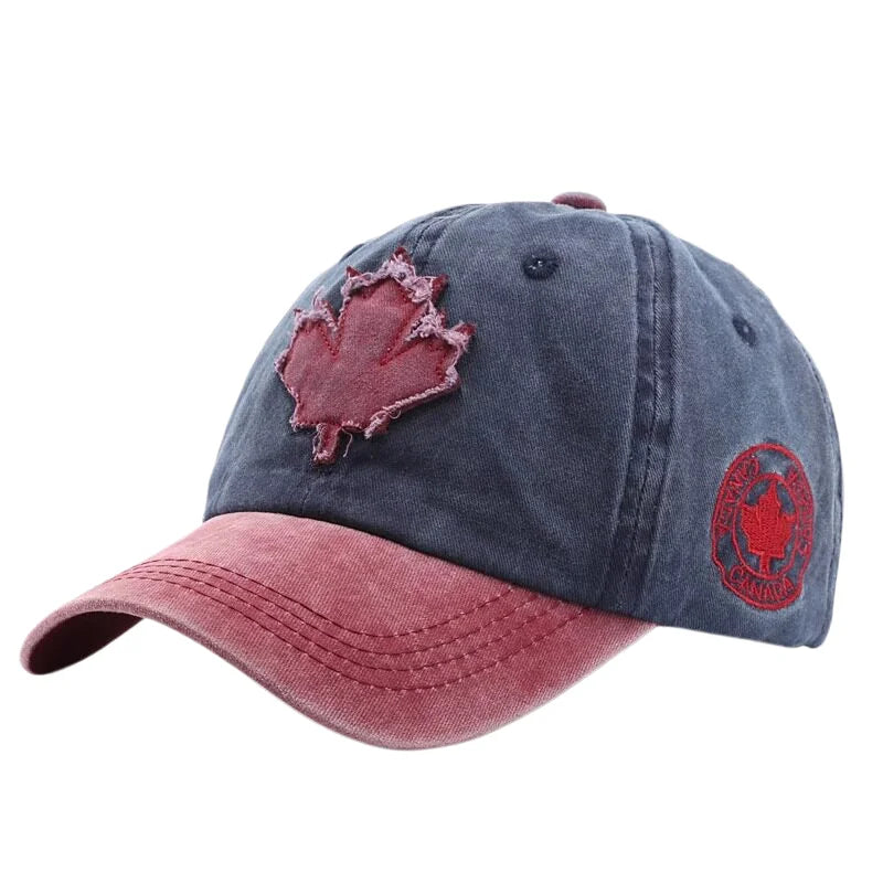Casual Washed Denim Look Maple Leaf Patch Cap Adjustable Two Tone Outdoor Sport Baseball Hat for Daily Wear