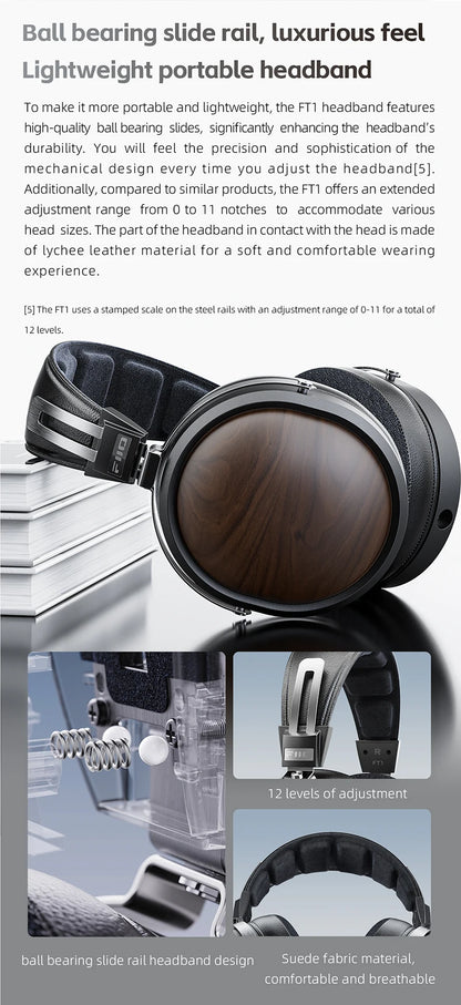 FiiO FT1 Professional Wired HiFi Monitor Headphones – North American Walnut Over-Ear Dynamic Stereo Headset with Leather & Metal Build