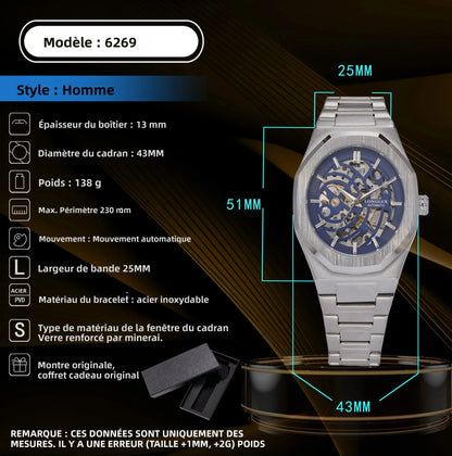LONGLUX automatic watch business mechanical watches simple skeleton waterproof stainless steel cost effective mens watch gift
