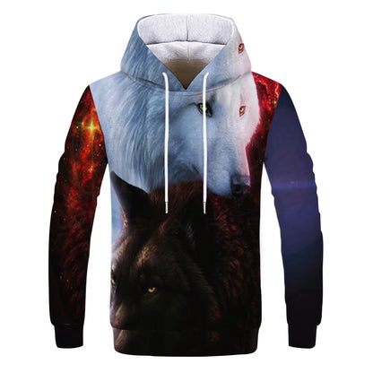 Neuer modischer Hoodie mit 3D-Tierprint für Herren und Damen, personalisiertes Design, Sweatshirt mit Schnee- und Doppelwolf-Motiv, Harajuku Oversized Hoodie