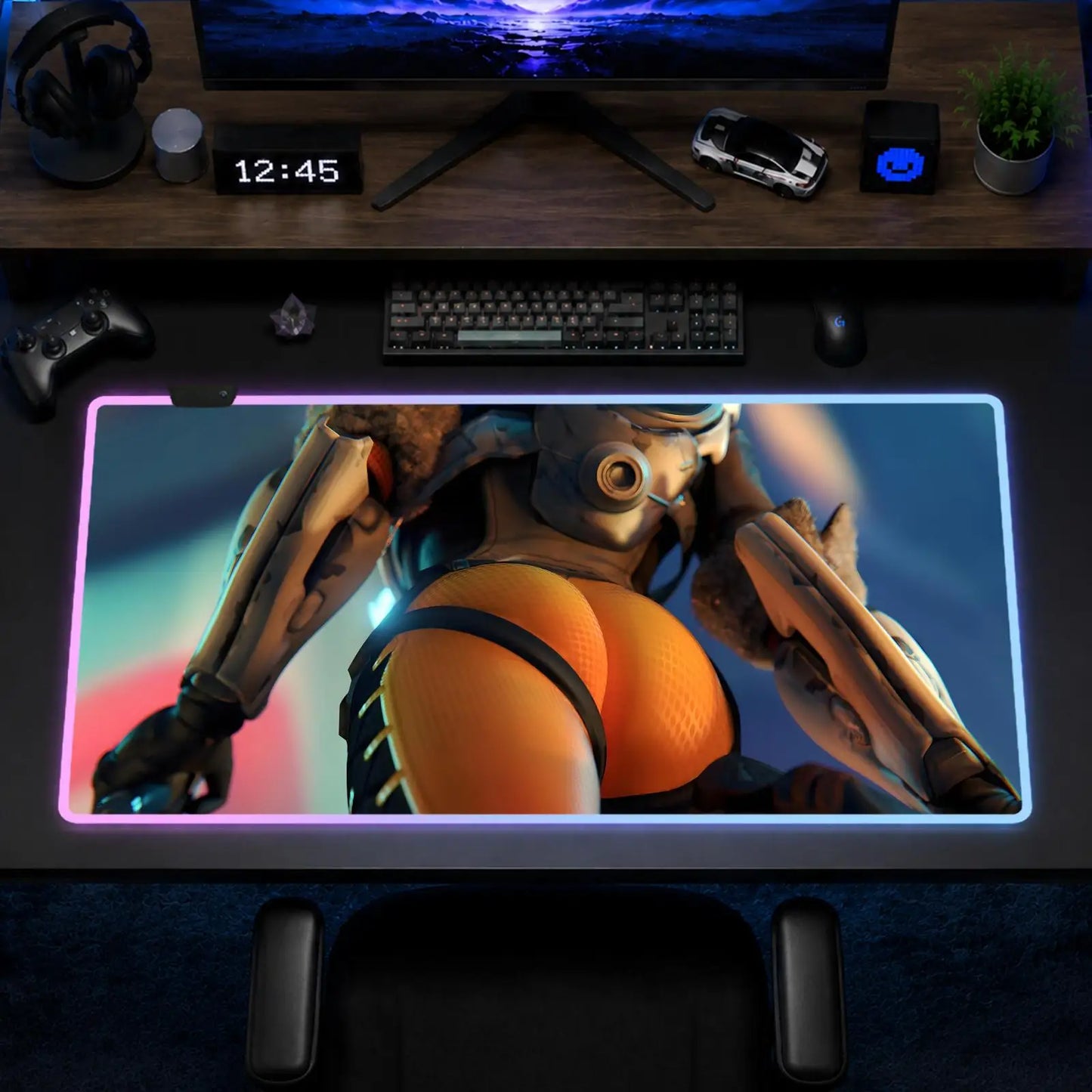 Herní podložka pod myš Overwatch Hips Anime XXL RGB, LED podložka na stůl s podsvícením a gumovým povrchem