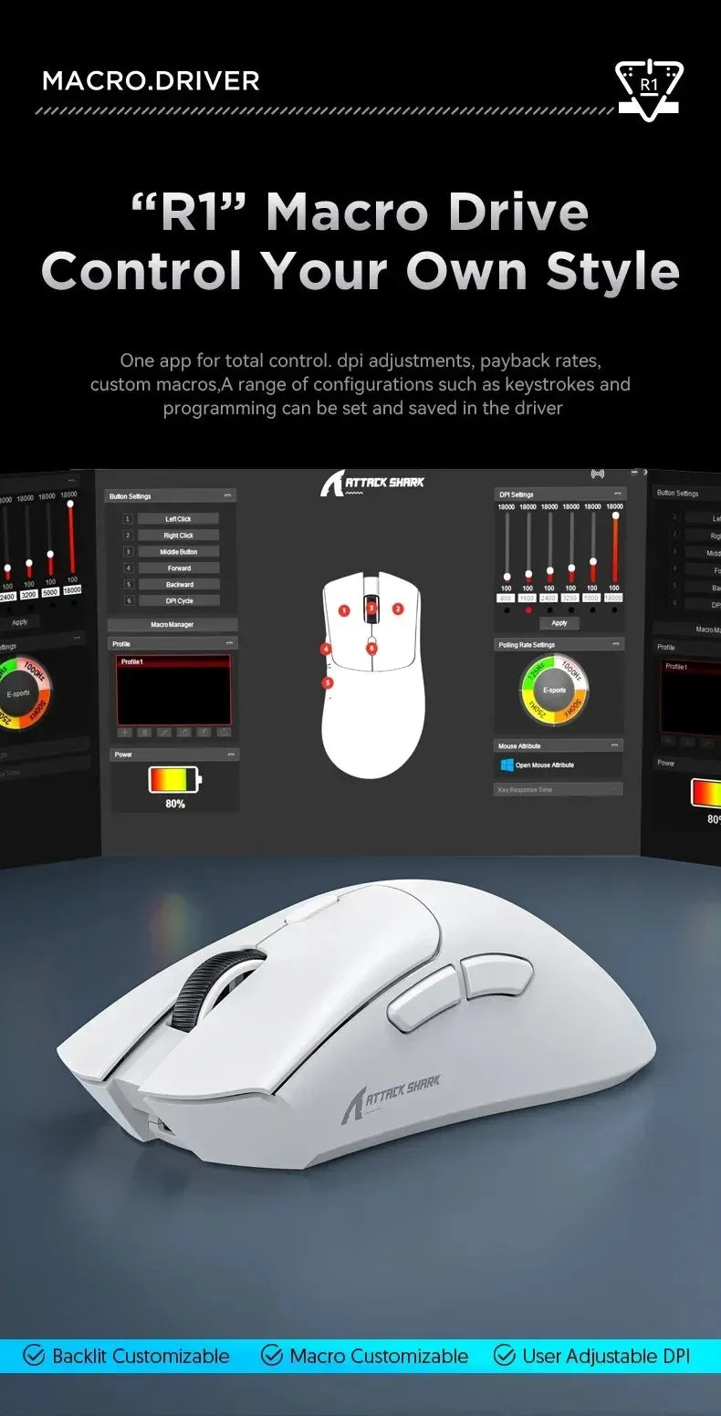 ATTACK SHARK R1 59g Ultra-light Mouse have PAW3311,18000DPI,400IPS,40G,1000Hz,Tri-Mode,Broadcom BK3633 Master,20 Million Times