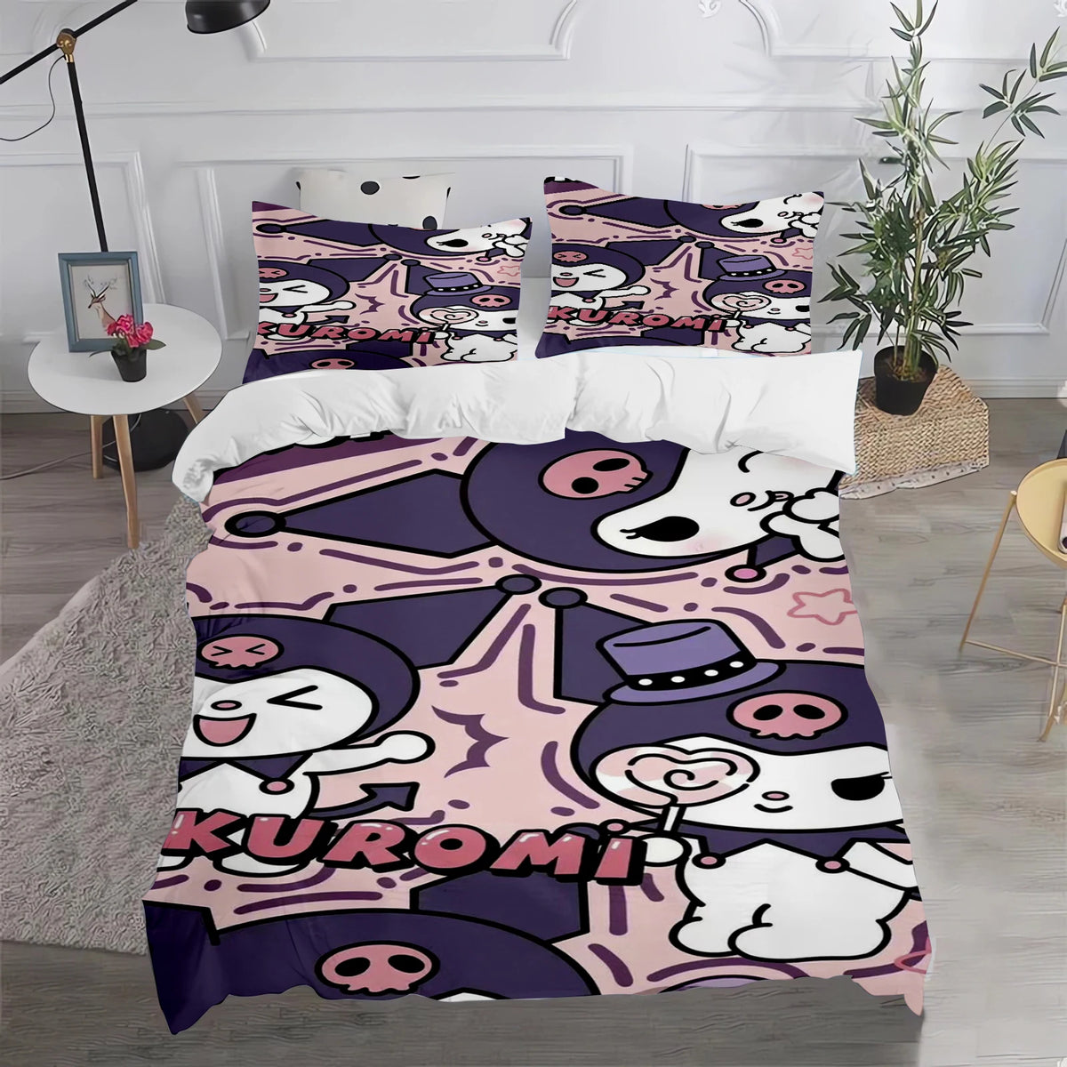 Ensemble de literie Kuromi : housse de couette et taie d'oreiller mignonnes, pour chambre d'enfant (garçon ou fille), décoration de chambre, cadeau pour enfants, taille simple, double ou grande