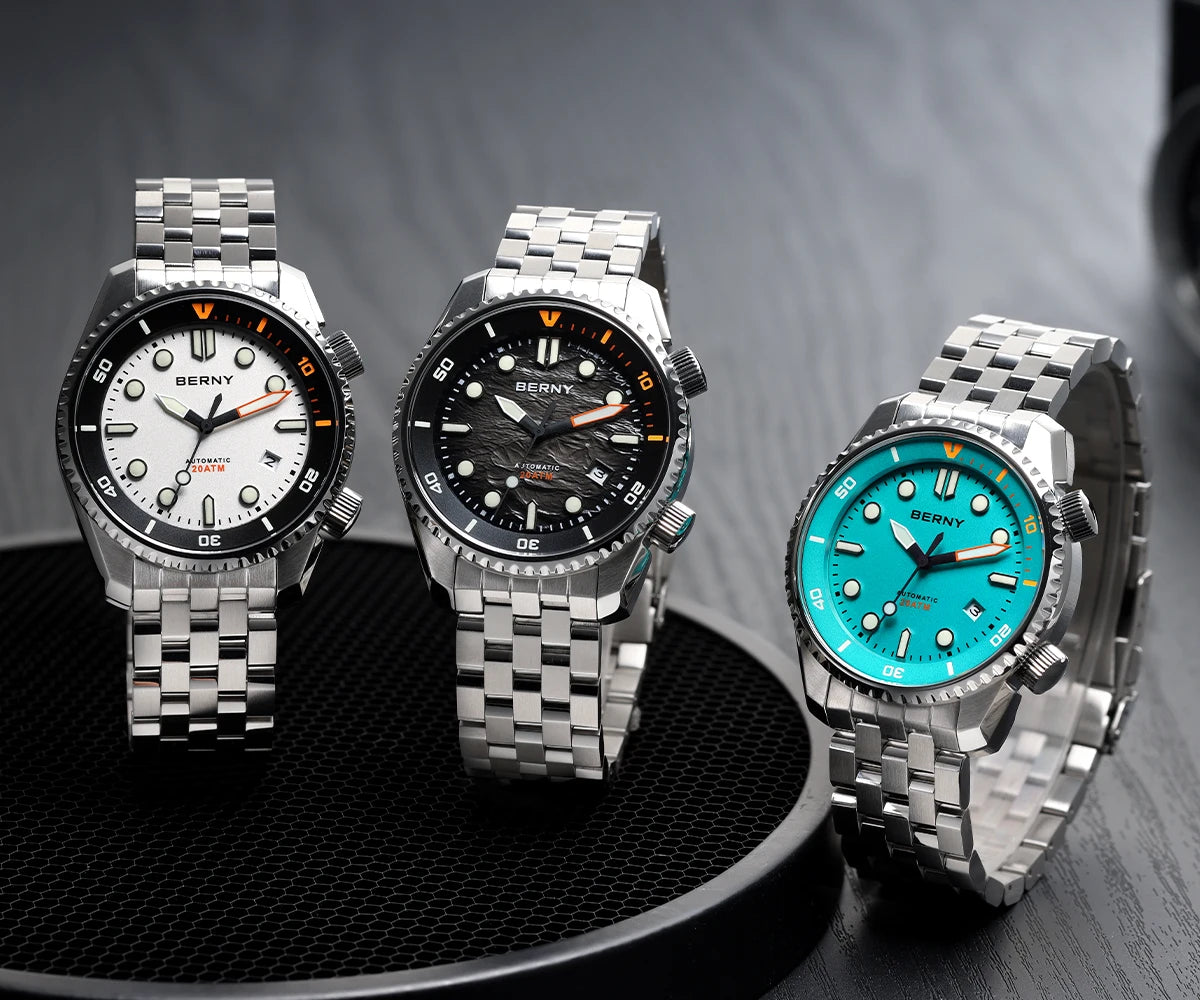 BERNY Diver Automatic Watches Men's Luxury Sapphire 316L Stainless Steel Mechanical Watch 42MM 200M Waterproof Diving Men's Watch