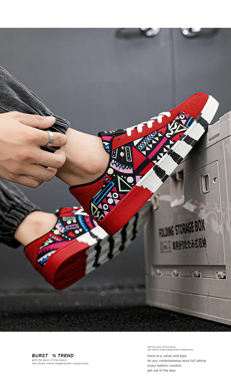 YRZL Scarpe sportive da running da uomo in tela con stile geometrico, sneakers stringate, scarpe da skate da uomo alla moda per coppie con stampa graffiti