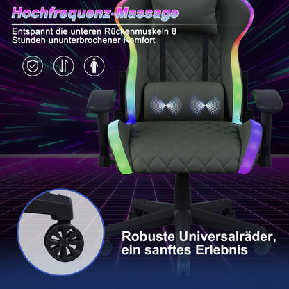 LED Gaming Chair - Ergonomic Office Chair with Massage Function, Adjustable Backrest (90-135°), for Gamers up to 150 kg, Black