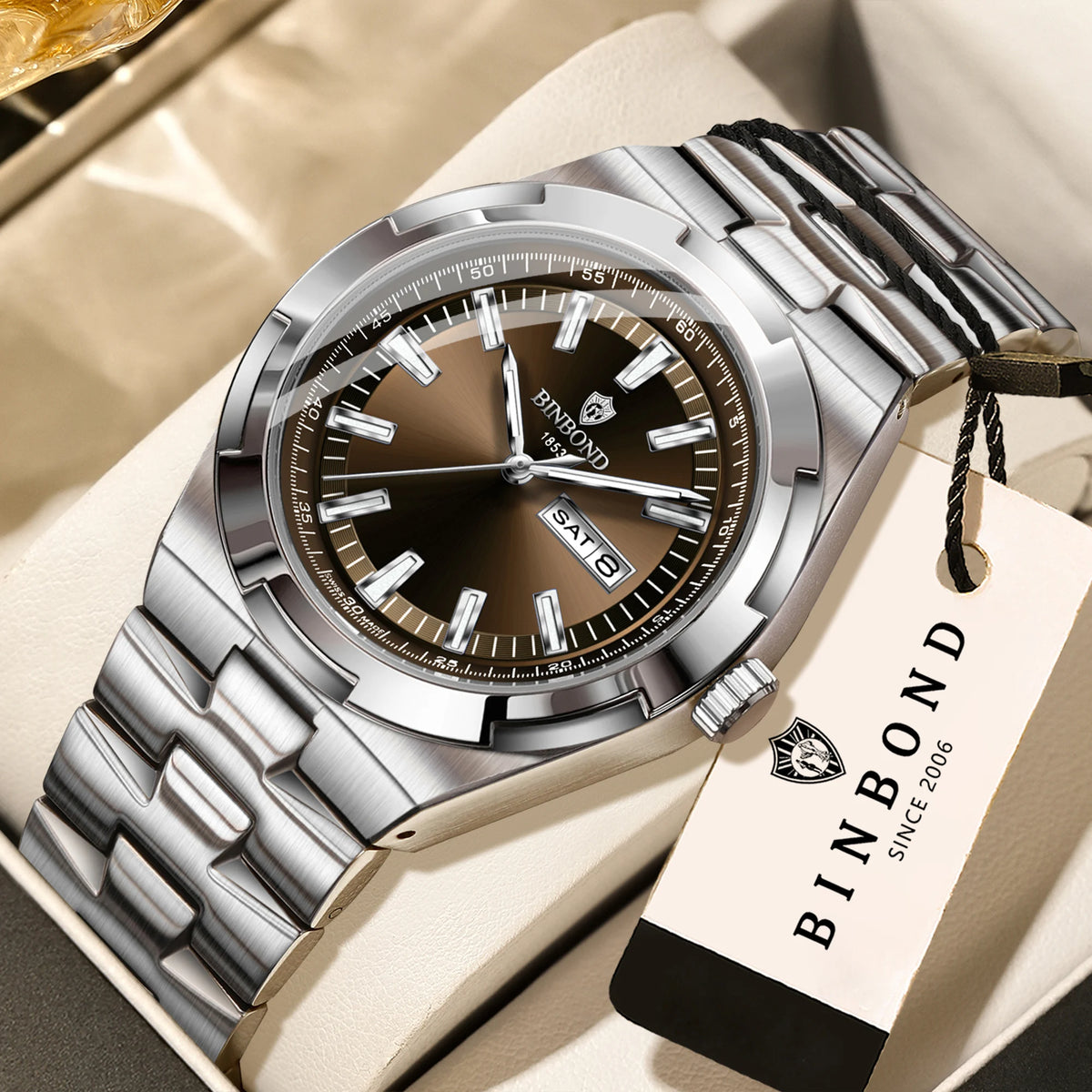 Montres à quartz BINBOND en acier inoxydable pour hommes – Montre de luxe, étanche et luminescente – Modèle original pour homme
