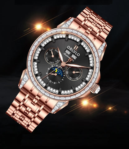 OBLVLO Men's Automatic Watch 40mm Mechanical Wristwatch 5ATM Luminous Crystal Bezel Year, Month, Week, Date, 24 Hours TY1655 Movement